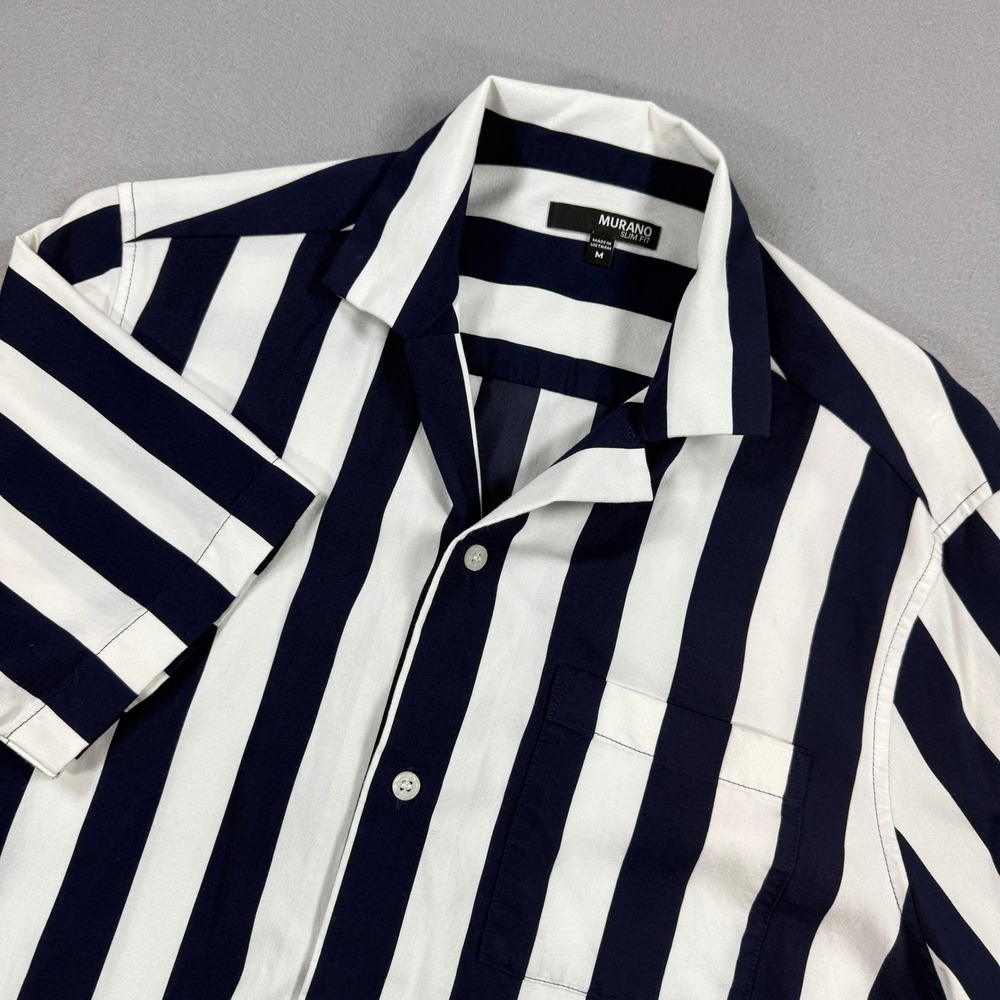 Murano Camp Shirt Mens Medium Navy White Button Down Short Sleeve Striped Slim